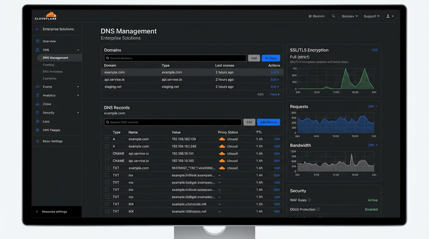 Cloudflare DNS management showing domain configurations and SSL certificates