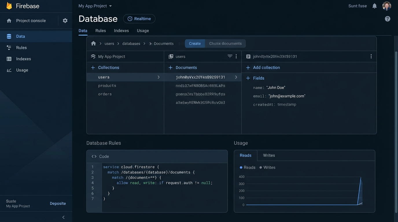 Firebase Firestore database console showing collections and real-time data