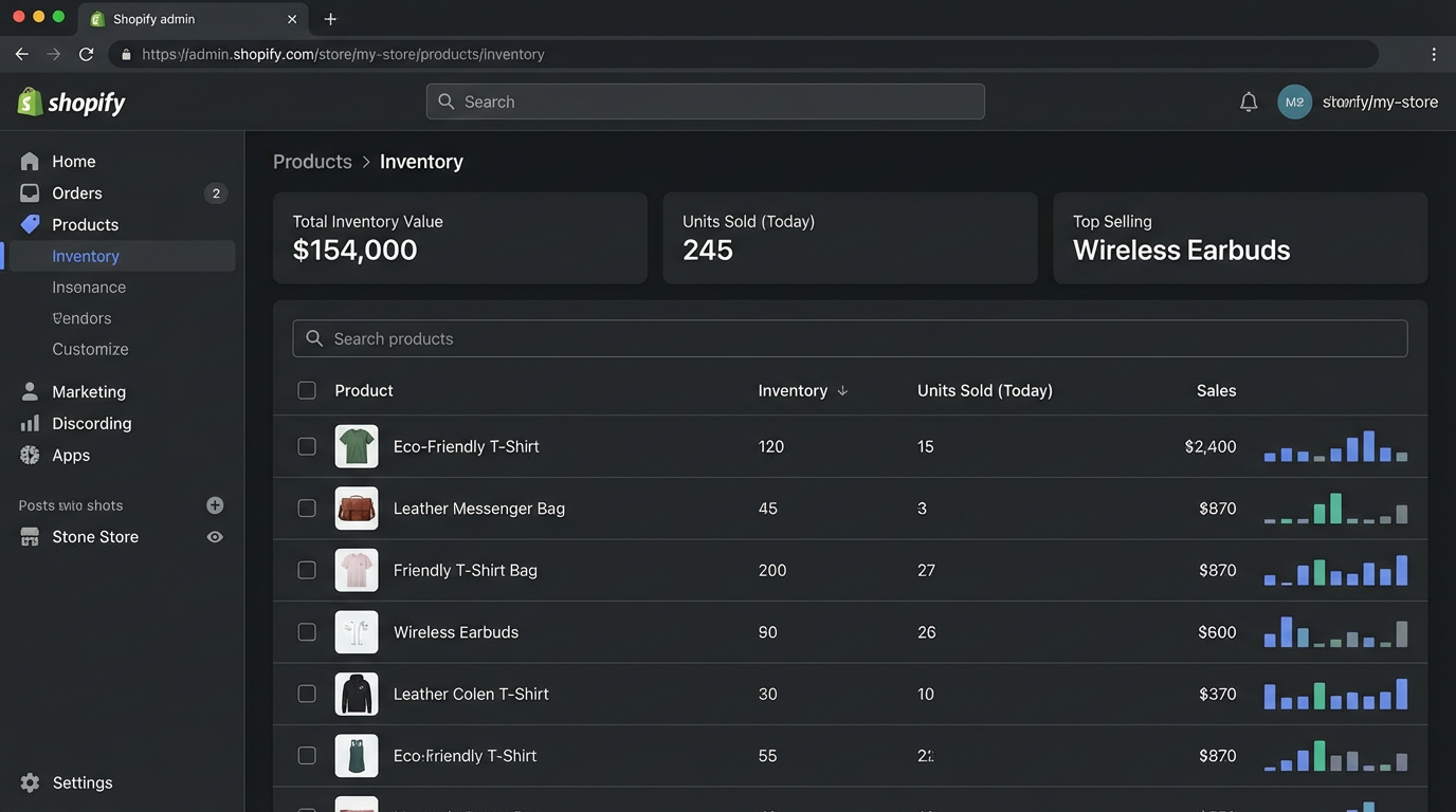 Shopify inventory management dashboard showing product listings and sales metrics